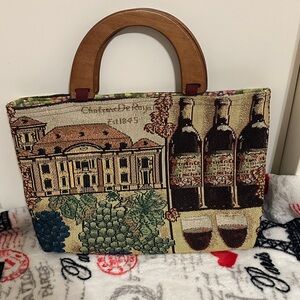 Elegant Tapestry Handbag with Wooden Handles